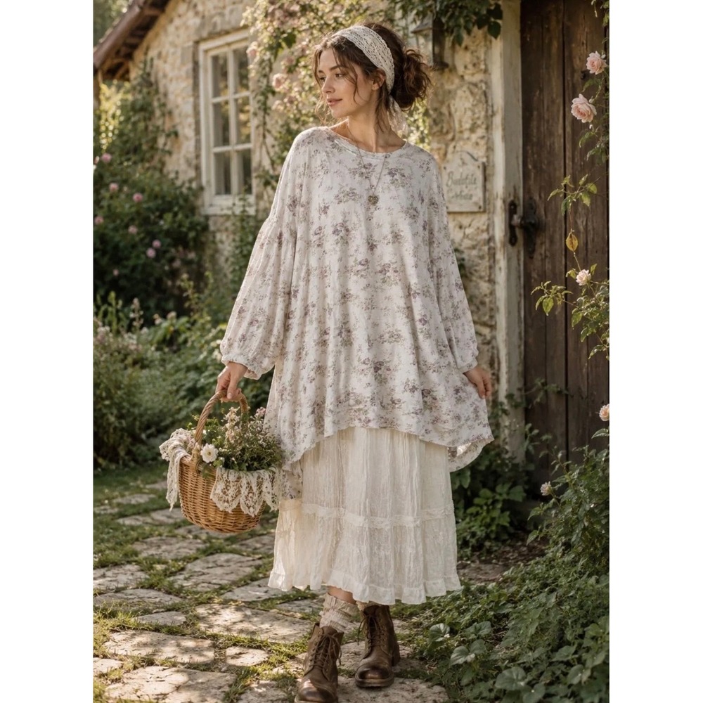 Magnolia Pearl Floral Slub Cotton Oversized Top Women OS Cream Good Distressed